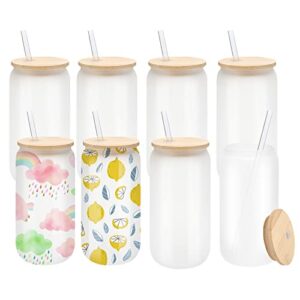 8 pack sublimation glass cans frosted sublimation beer can glass with bamboo lids borosilicate glasses tumbler mason jar cups mug with plastic straw for beer, juice, soda, iced coffee, drinks 18oz