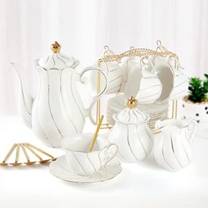 dujust 22 pcs white porcelain tea set for 6, luxury british style tea/coffee cup set with golden trim, beautiful tea set for women, tea party set, gift package (including a stand) - white