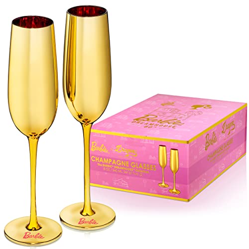 Dragon Glassware x Barbie Champagne Flutes, Barbie Dreamhouse Collection, Gold with Pink Interior Crystal Glass, Mimosa and Cocktail Glasses, 8 oz Capacity, Set of 2