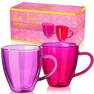 dragon glassware x barbie espresso cups, barbie dreamhouse collection, pink and magenta glasses, double wall insulated coffee cups, keeps beverages hot or cold longer, 6 oz capacity, set of 2