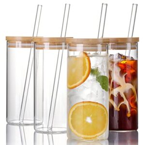 4 set 20 oz drinking glasses with bamboo lids and straws, borosilicate glass tumbler cups - tall clear iced coffee cups for smoothie, water, juice, coffee bar accessories - cute gifts, reusable