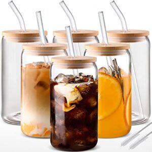 dwts danweitesi glass cups with lids and straws 6pcs,16oz glass iced coffee cups with lids- glass coffee cups,drinking glasses with bamboo lids