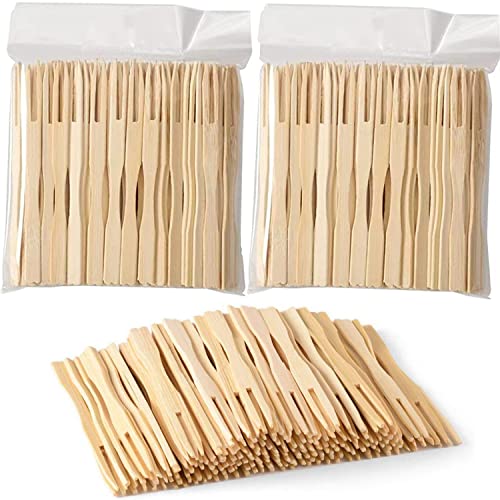 200 Pack Bamboo Cocktail Forks, 3.5 Inch Natural Bamboo Forks, Toothpicks for Appetizers for Party/Catering/Dessert/Fruit