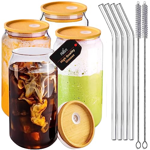 PLASNT Glass Cups with Bamboo Lids and Straws 4 Can Shaped Glasses Glass Can Cup Glass Coffee Cups with Lids and Straw Beer Can Glass with Lids And Straw16 oz