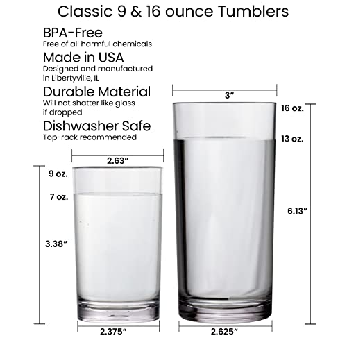 US Acrylic Classic Clear Plastic Reusable Drinking Glasses (Set of 8) 9oz Juice & 16oz Water Cups | BPA-Free Tumblers, Made in USA | Top-Rack Dishwasher Safe