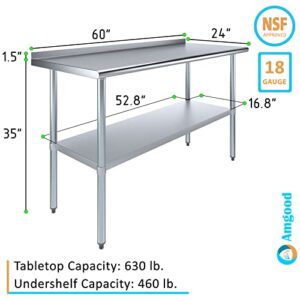 AmGood 60" Long x 24" Deep Stainless Steel Work Table with 1.5" Backsplash | Metal Kitchen Food Prep Table | NSF