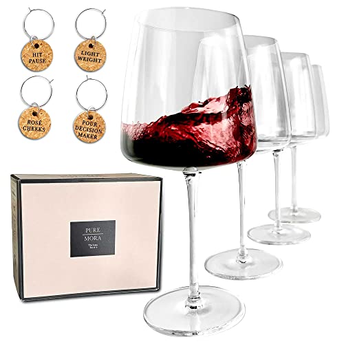 PURE MORA The Luna Red Wine Glasses - Set of 4, 20 oz, Modern Oversized Hand Blown Crystal Glass, Perfect for Drinking Aperol Spritz, Cabernet Sauvignon, Merlot, Etc. Unique, Elegant, and Large