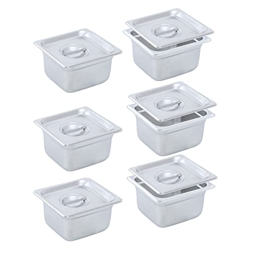 BIEAMA 6-Pack Hotel Pans with Lid, 1/6 Size 4" Deep, NSF, Catering Food Pan, Commercial Stainless Steel Pan with Cover