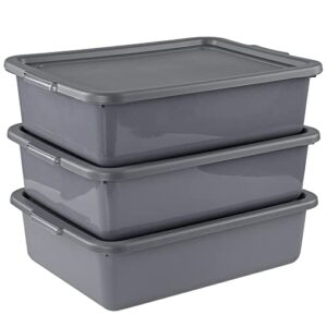 bringer 13 l gray plastic bus tubs with lid, utility commercial bus totes, set of 3, f