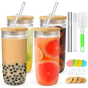 4 pack glass cups set - 24oz mason jar with bamboo lids and glass straw & 12 airtight lids, brush - boba drinking glasses, reusable travel tumbler bottle for iced coffee, smoothie, bubble tea, gift