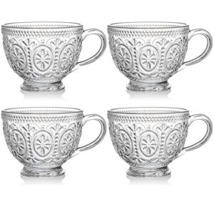 Bekith Set of 4 Glass Coffee Mugs 13 Ounces, Vintage Glass Coffee Mugs with Spoons, Clear Embossed Glass Cups Set for Cappuccino, Latte, Cereal, Yogurt, Tea, Beverage Hot/Cold