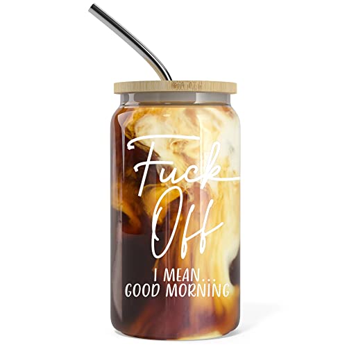 16 oz Iced Coffee Cup with Bamboo Lids and Straws | Mason Jar Cups & Iced Coffee Tumbler with Lid and Straw | Glass Cups for Iced Coffee, Boba Cup | Beer Can Glass & Smoothie Cup - Good Morning