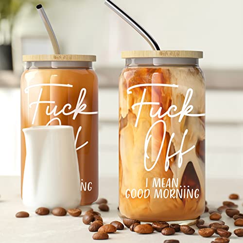 16 oz Iced Coffee Cup with Bamboo Lids and Straws | Mason Jar Cups & Iced Coffee Tumbler with Lid and Straw | Glass Cups for Iced Coffee, Boba Cup | Beer Can Glass & Smoothie Cup - Good Morning