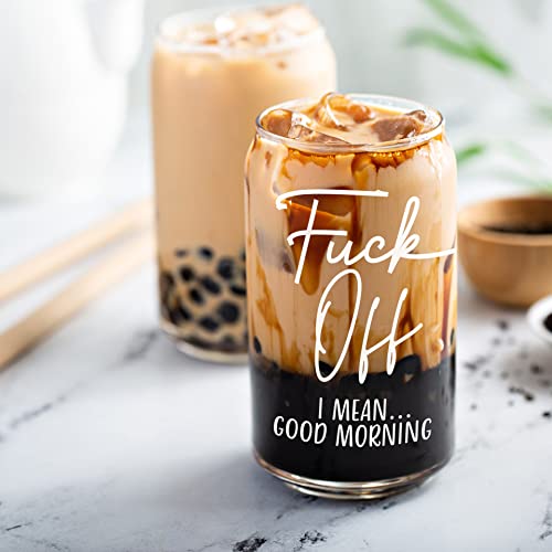 16 oz Iced Coffee Cup with Bamboo Lids and Straws | Mason Jar Cups & Iced Coffee Tumbler with Lid and Straw | Glass Cups for Iced Coffee, Boba Cup | Beer Can Glass & Smoothie Cup - Good Morning