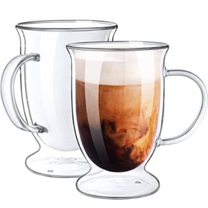 bivvclaz 2-pack 16 oz double wall glass coffee mugs, large insulated coffee cups, clear borosilicate glass mugs, perfect for cappuccino, tea, latte, americano, hot beverage, microwave safe