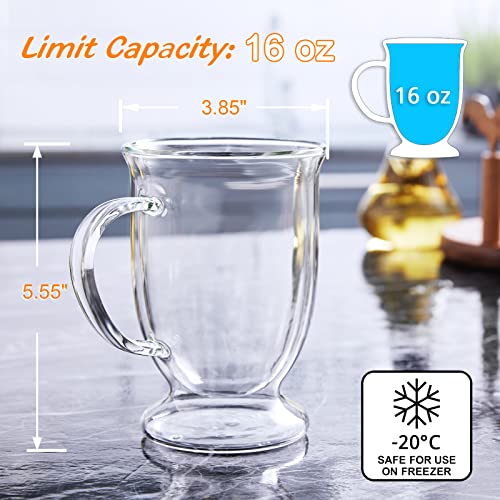 Bivvclaz 2-Pack 16 oz Double Wall Glass Coffee Mugs, Large Insulated Coffee Cups, Clear Borosilicate Glass Mugs, Perfect for Cappuccino, Tea, Latte, Americano, Hot Beverage, Microwave Safe