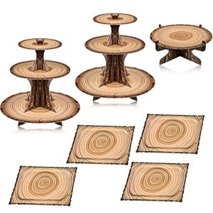 Sawysine 7 Pieces Woodland Cupcake Stand Set Includes 2 Wood Grain 3 Tier Cardboard 1 Rustic Dessert 4 Rectangle Serving Tray for Halloween Baby Shower Birthday (Rustic Style)