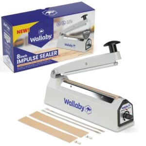 wallaby impulse sealer - 8 inch - manual heat sealer machine for mylar bags - heavy duty for strong, secure sealing for long term food storage - two fuse & strip replacement kits included (white)