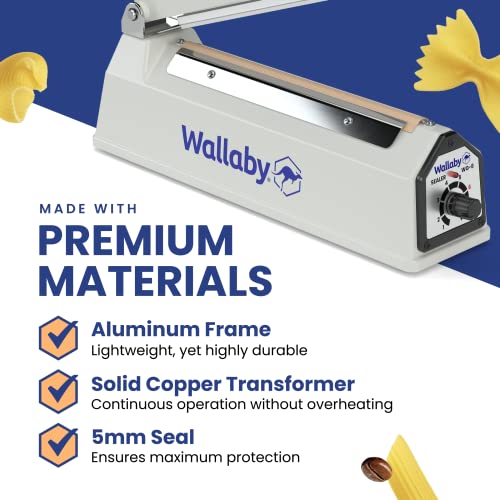 Wallaby Impulse Sealer - 8 inch - Manual Heat Sealer Machine for Mylar Bags - Heavy Duty for Strong, Secure Sealing for Long Term Food Storage - Two Fuse & Strip Replacement Kits Included (White)