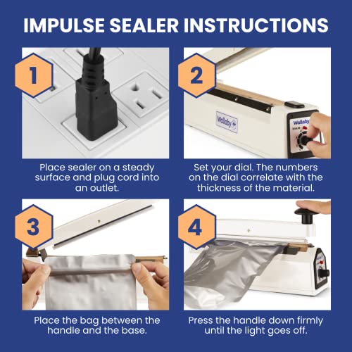 Wallaby Impulse Sealer - 8 inch - Manual Heat Sealer Machine for Mylar Bags - Heavy Duty for Strong, Secure Sealing for Long Term Food Storage - Two Fuse & Strip Replacement Kits Included (White)