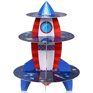 3 tiers rocket cupcake stand outer space cardboard cupcake holder galaxy party dessert tower solar system treat stand for kids space birthday decor baby shower family gathering supplies
