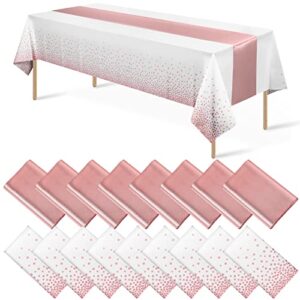 16 pack disposable plastic tablecloths and satin table runner set white and rose gold dot tablecloth rose gold satin table runner for wedding birthday baby shower anniversary christmas new year party