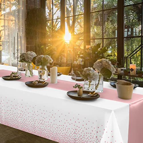 16 Pack Disposable Plastic Tablecloths and Satin Table Runner Set White and Rose Gold Dot Tablecloth Rose Gold Satin Table Runner for Wedding Birthday Baby Shower Anniversary Christmas New Year Party