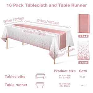 16 Pack Disposable Plastic Tablecloths and Satin Table Runner Set White and Rose Gold Dot Tablecloth Rose Gold Satin Table Runner for Wedding Birthday Baby Shower Anniversary Christmas New Year Party