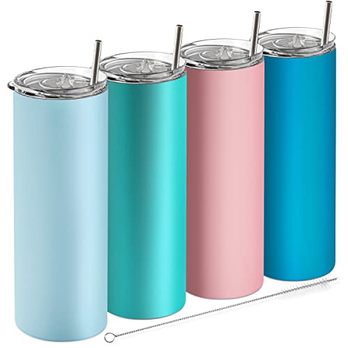 Earth Drinkware SKINNY TUMBLERS (4 pack) - 20oz Stainless Steel Double Wall Insulated Tumblers with Lids and Straws | Skinny Travel Mug, Straw Cleaner INCLUDED | Blanks For Vinyl Projects - Multi #4