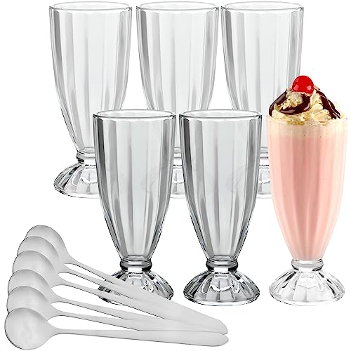 PARNOO Milkshake Glasses - American Retro Style Ice Cream Sundae Glasses with 6 Stainless Steel Spoons for Parties & Events - Perfect for Fruit Salads, Root Beer, Soda, & Floats - 6 Pack, 12 oz