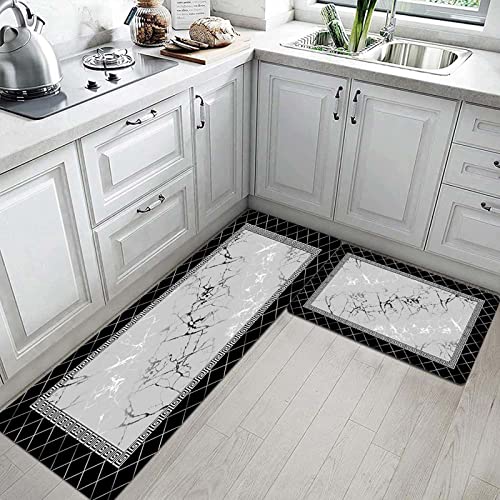 EMMTEEY 2 Pcs Black Kitchen Rug Memory Foam Kitchen Rug Abstract Modern Carpet Greek Frame Geometric and Marble PVC Kitchen Anti Fatigue Mats for Kitchen Floor Laundry Office Sink