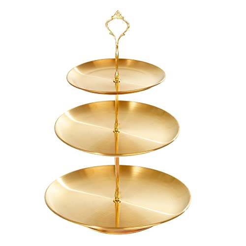 PUWWOT Gold Metal Tiered Cupcake Stand, Stainless Steel 3 Tier Cupcake Display Tower, Cake Stand, Pastry Dessert Holder for Baby Shower Birthday Party Wedding (Stainless Steel Golden)