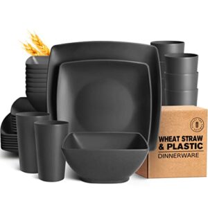 teivio 32-piece plastic wheat straw square dinnerware set for 8, unbreakable dinner plates, salad plates, snack bowls, tumblers 20 oz, dishwasher safe, black