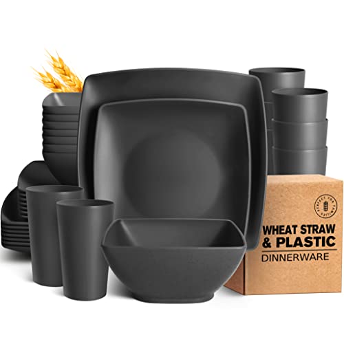 Teivio 32-piece Plastic Wheat Straw Square Dinnerware Set for 8, Unbreakable Dinner Plates, Salad Plates, Snack Bowls, Tumblers 20 oz, Dishwasher Safe, Black