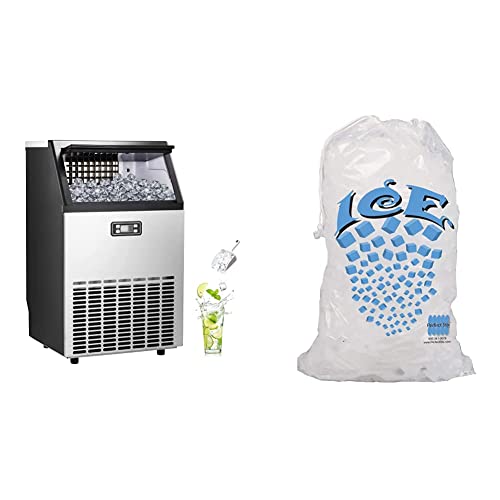 Electactic Ice Maker, Commercial Ice Machine,100Lbs/Day, Stainless Steel Ice Machine with 48 Lbs Capacity, Includes Scoop & Perfectware - PW Icebags-DS-100ct 10lb with Drawstring-100ct