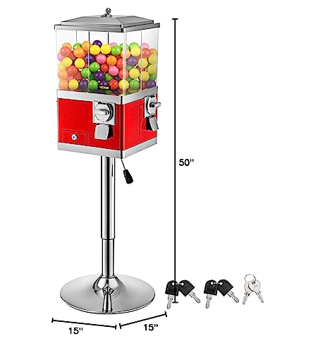 VEVOR Gumball Machine with Stand, Red Quarter Candy Dispenser, Rotatable Four Compartments Square Candy Vending Machine, PC & Iron Large Gumball Bank Adjustable Dispenser Wheels for 1 inch Gumballs