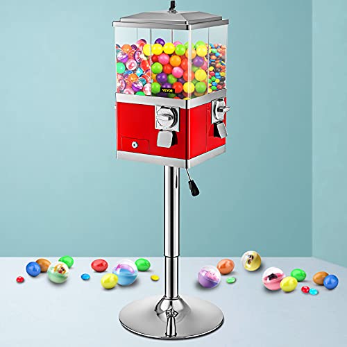 VEVOR Gumball Machine with Stand, Red Quarter Candy Dispenser, Rotatable Four Compartments Square Candy Vending Machine, PC & Iron Large Gumball Bank Adjustable Dispenser Wheels for 1 inch Gumballs