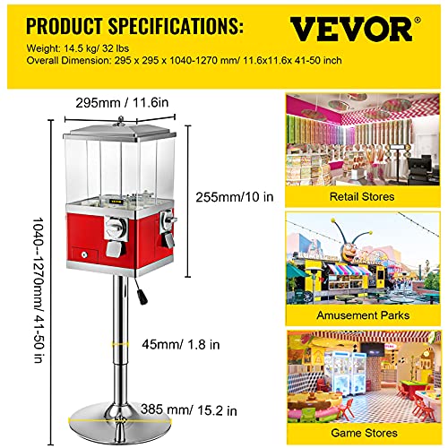 VEVOR Gumball Machine with Stand, Red Quarter Candy Dispenser, Rotatable Four Compartments Square Candy Vending Machine, PC & Iron Large Gumball Bank Adjustable Dispenser Wheels for 1 inch Gumballs