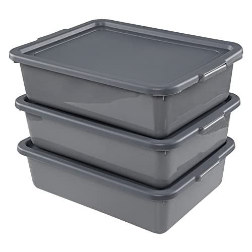 Afromy 3-Pack 13 L Plastic Bus Tub, Commercial Utility Bus Boxes with Lids, Gray, f