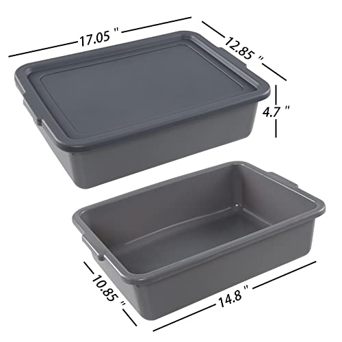 Afromy 3-Pack 13 L Plastic Bus Tub, Commercial Utility Bus Boxes with Lids, Gray, f