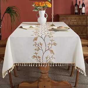 laolitou cotton linen waterproof tablecloth for dining table farmhouse kitchen rectangle table cloth coffee wrinkle free table cover, beige, coffee flower, 55x86 inch