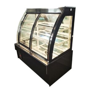 LGXEnzhuo Commercial Refrigerated Cake Display Cabinet Floor Type Curved Display Fridge Yellow LED Light Air-cooled Automatic Defrost Front Sliding Door 220V 3-layer