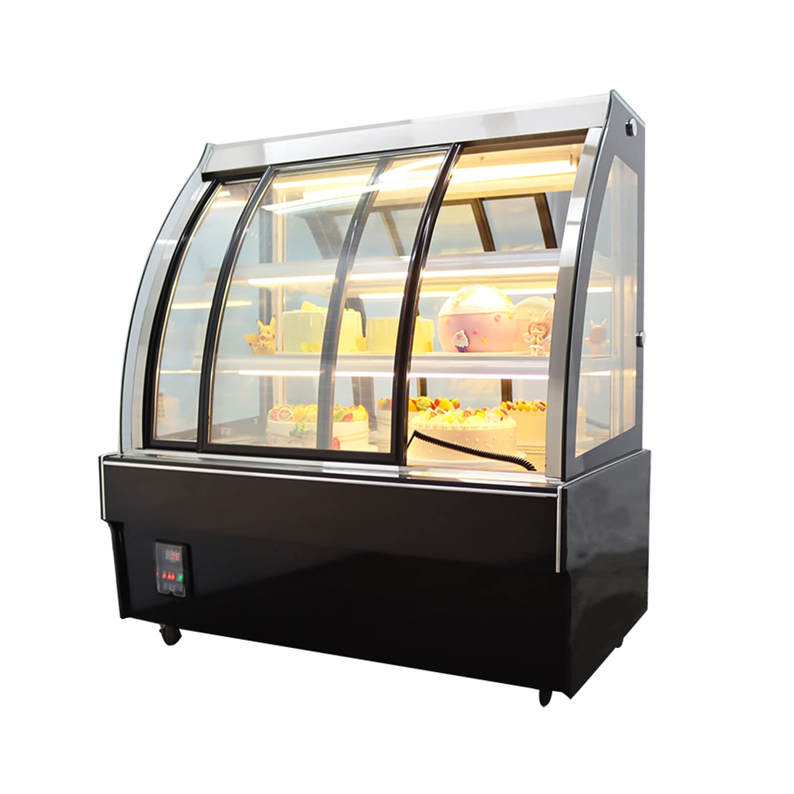 LGXEnzhuo Commercial Refrigerated Cake Display Cabinet Floor Type Curved Display Fridge Yellow LED Light Air-cooled Automatic Defrost Front Sliding Door 220V 3-layer