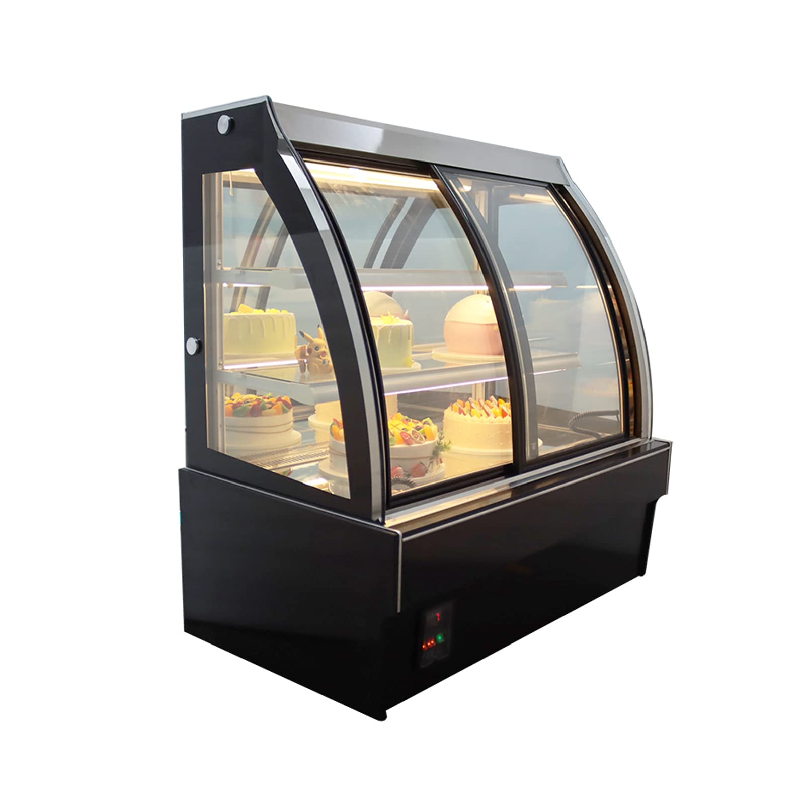 LGXEnzhuo Commercial Refrigerated Cake Display Cabinet Floor Type Curved Display Fridge Yellow LED Light Air-cooled Automatic Defrost Front Sliding Door 220V 3-layer