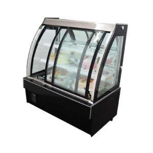 LGXEnzhuo Commercial Refrigerated Cake Display Cabinet Floor Type Curved Display Fridge Yellow LED Light Air-cooled Automatic Defrost Front Sliding Door 220V 3-layer