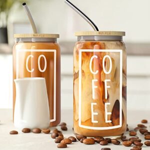 Set of 2 | 16 oz Iced Coffee Cup with Bamboo Lids + Straws | Mason Jar Cups & Iced Coffee Tumbler with Lid and Straw | Glass Cups for Iced Coffee, Boba Cup | Beer Can Glass & Smoothie Cup - Coffee