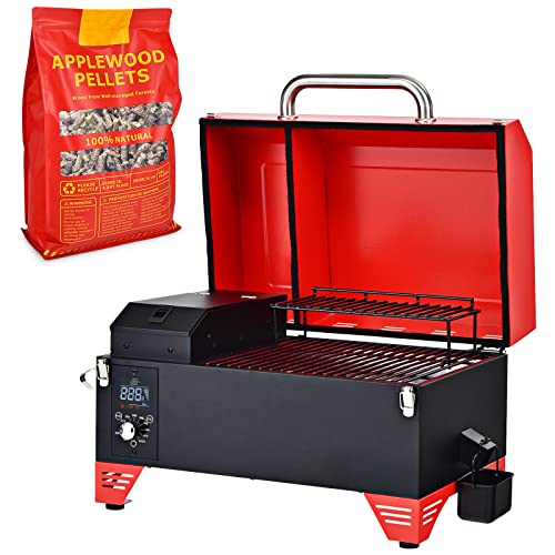 Giantex Portable Pellet Smoker Grill Set, 8-in-1 Electric Tabletop Pellet Grill with 20 lbs Apple Wood Pellet, Auto-feed System, Maintain 180°F to 500°F, 256 sq.in Outdoor Wood Pellet Grill (Red)