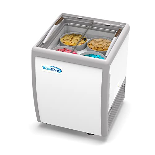 Koolmore 26 inch Commercial Ice Cream Dipping Cabinet Display Case, 4 Large Displayed Tubs, 2 Storing Tube, Sliding Glass Door, Rolling Wheels and Lockable Breaks [5.7 Cu. Ft.] (KM-ICD-26SD) White