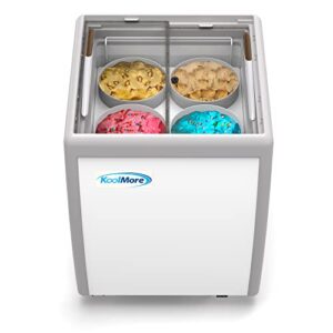 Koolmore 26 inch Commercial Ice Cream Dipping Cabinet Display Case, 4 Large Displayed Tubs, 2 Storing Tube, Sliding Glass Door, Rolling Wheels and Lockable Breaks [5.7 Cu. Ft.] (KM-ICD-26SD) White