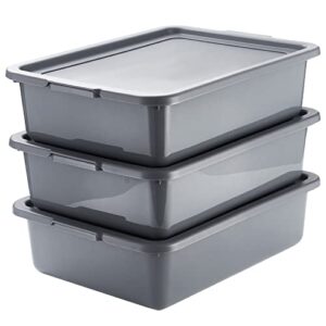 plastic commercial bus box/utility box 13l with lid, grey wash basin tote box, lidded food service bus tub, 3-pack